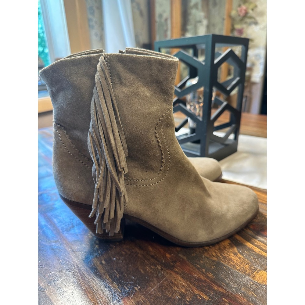 Sam Edelman Louie Taupe Suede Fringe Western Ankle‎ Boots Womens 7.5M A4863L1250